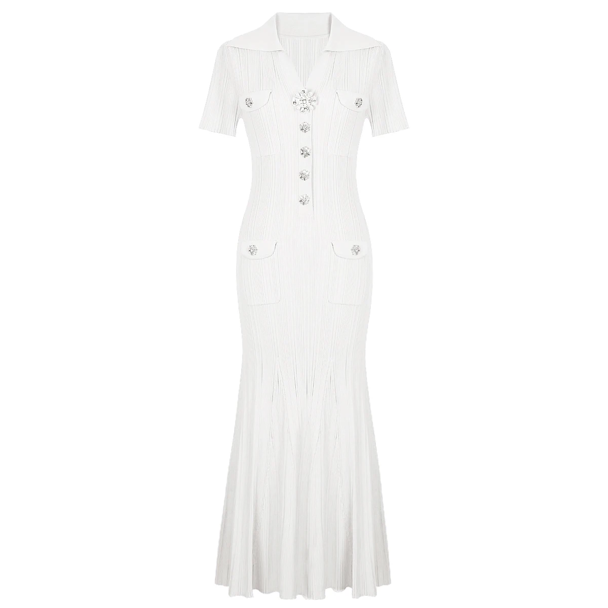 Elastic Knit Lapel Short Sleeve Fishtail Dress with Big Floral Buttons Casual Slim Fit
Elastic Knit Lapel Short Sleeve Fishtail Dress with Big Floral Buttons Casual Slim Fit