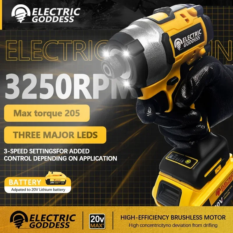 Electric Goddess DCF850 205N.m Cordless Impact Driver Tool Brushless Impact Drill Tool For 20V Dewalt Battery
Electric Goddess DCF850 205N.m Cordless Impact Driver Tool Brushless Impact Drill Tool For 20V Dewalt Battery