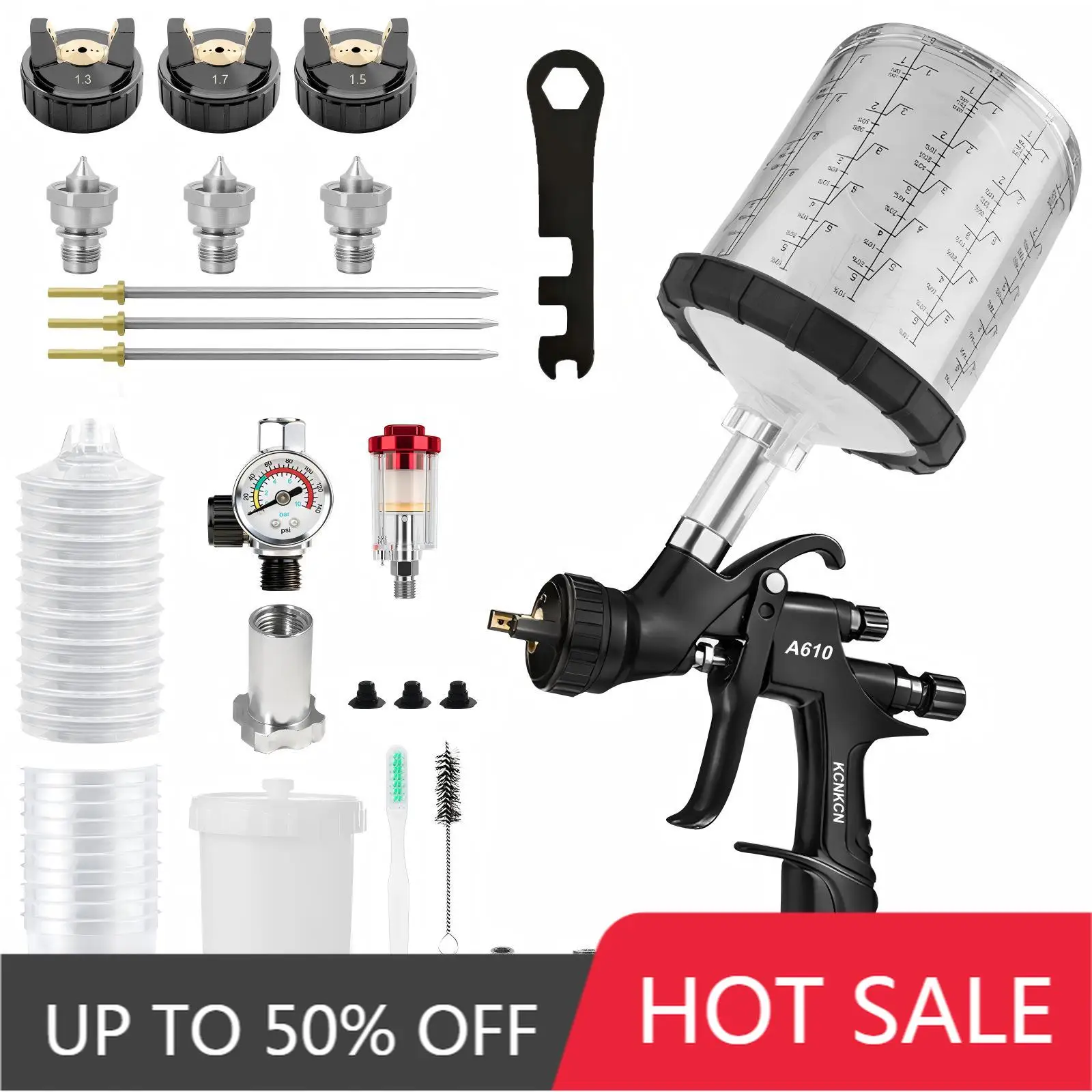 A610 LVLP Air Spray Gun, 1.3/1.5/1.7mm Nozzle, 600cc Plastic Cup, 10*650cc Mixing Cups, for Touch Up, Primer, Top Coat
A610 LVLP Air Spray Gun, 1.3/1.5/1.7mm Nozzle, 600cc Plastic Cup, 10*650cc Mixing Cups, for Touch Up, Primer, Top Coat