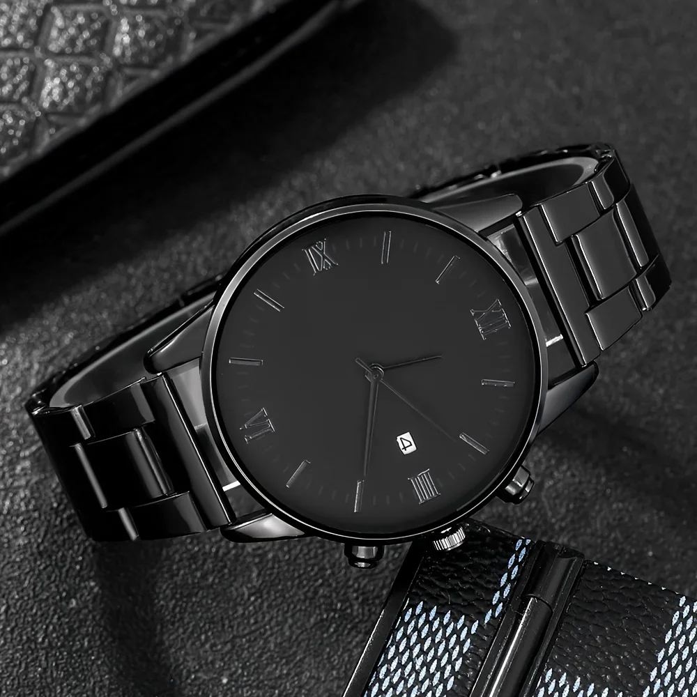 4-piece/set men's black minimalist quartz watch set with bracelet, necklace, and ring -
4-piece/set men's black minimalist quartz watch set with bracelet, necklace, and ring -