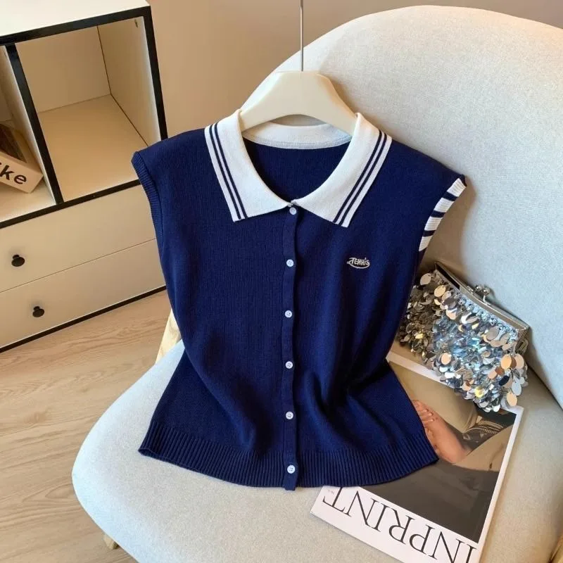 2025 Summer New Lapel Fashion Knitted Tops Women Contrast Loose Commute Sleeveless Thin T-shirt
2025 Summer New Lapel Fashion Knitted Tops Women Contrast Loose Commute Sleeveless Thin T-shirt