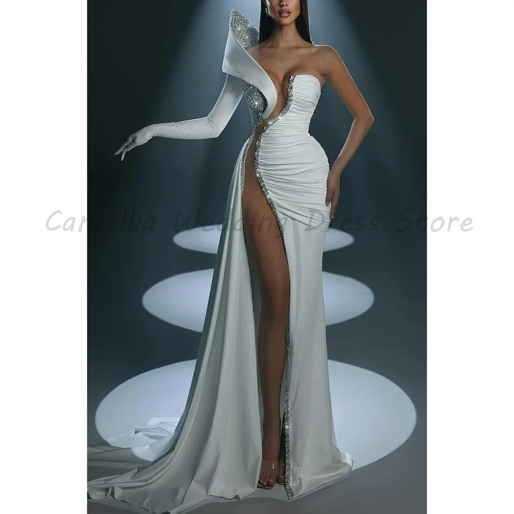 White One Shoulder Long Sleeve Evening Dress Luxury Rhinestone High Slit Ruched Satin Mermaid Formal Prom Gown For Red Carpet
White One Shoulder Long Sleeve Evening Dress Luxury Rhinestone High Slit Ruched Satin Mermaid Formal Prom Gown For Red Carpet