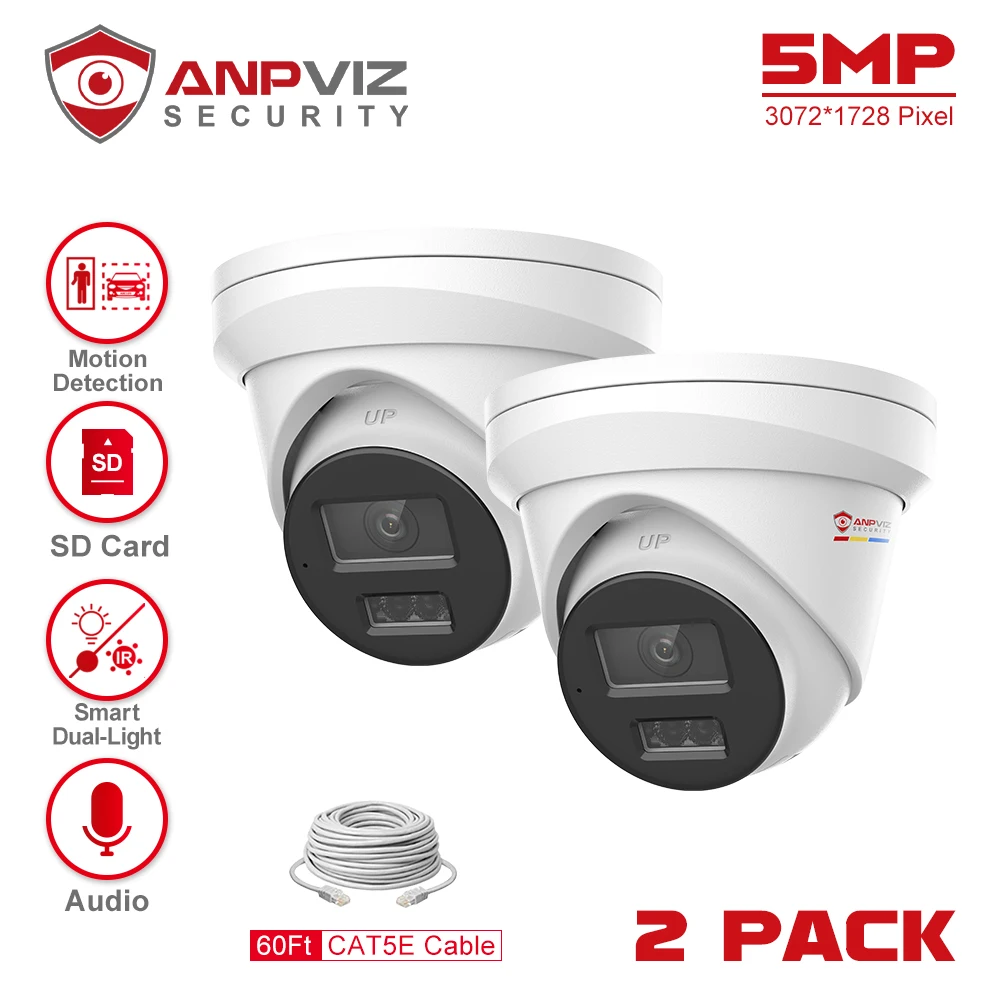 Anpviz 5MP POE IP Turret Camera Outdoor 2Pcs 24/7 ColorVU 30m CCTV Video Surveillance IP67 SD Card H.265 Audio Motion Detection
Anpviz 5MP POE IP Turret Camera Outdoor 2Pcs 24/7 ColorVU 30m CCTV Video Surveillance IP67 SD Card H.265 Audio Motion Detection