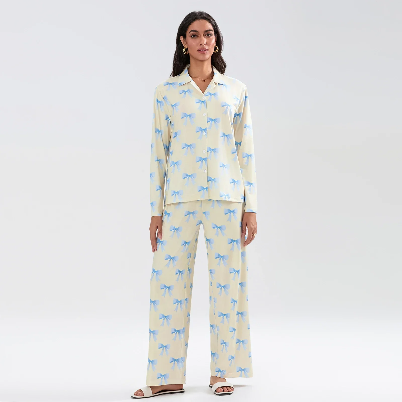 Women's Bow Print Loungewear Set Lapel Button Down Tops Long Pants 2 Pieces Fall Sleepwear
Women's Bow Print Loungewear Set Lapel Button Down Tops Long Pants 2 Pieces Fall Sleepwear