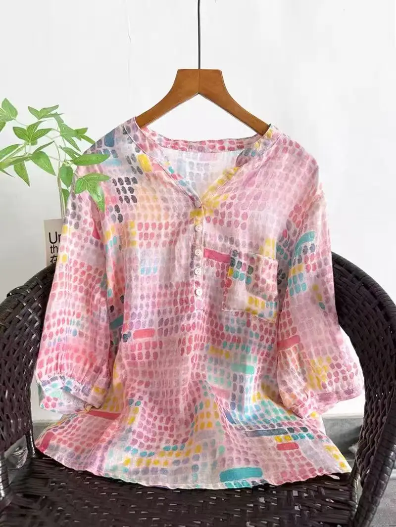 2026 Women's Colorful Dot Print Pure Ramie Linen Blouse V Neck Half Button 3/4 Sleeve Shirt Summer Boho Tunic Tops
2026 Women's Colorful Dot Print Pure Ramie Linen Blouse V Neck Half Button 3/4 Sleeve Shirt Summer Boho Tunic Tops