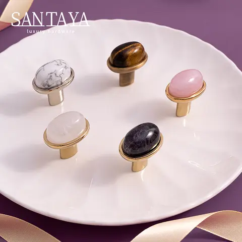 Santaya Solid Brass Handles Natural Stone Crystal Kitchen Cabinet Handle Bedroom Wardrobe Dresser Drawer Knob Colorful Handle