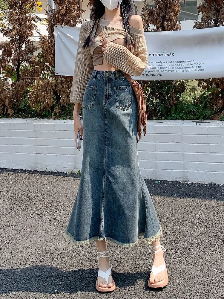 Retro High Waist Denim Skirt Women's Spring Autumn Slimming Small Fish Tail Skirt Long Flowing Fringe Cotton Polyester B...
Retro High Waist Denim Skirt Women's Spring Autumn Slimming Small Fish Tail Skirt Long Flowing Fringe Cotton Polyester B...
