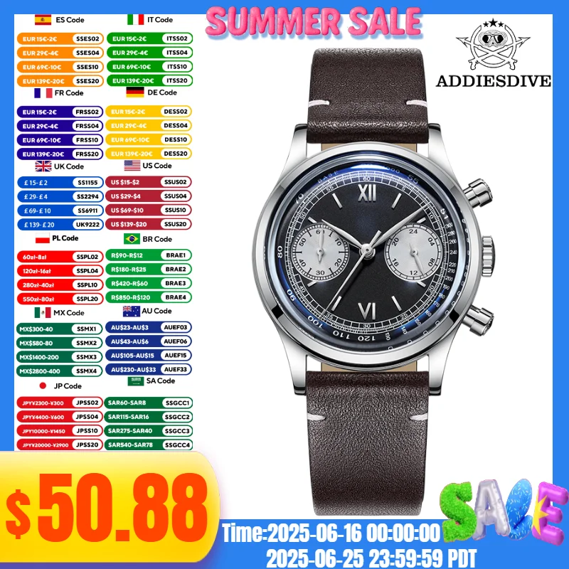ADDIESDIVE TOP Watches For Men Montre VK64 Leather Watch 10Bar Diving AD2037 Multifunctional Chronograph Quartz Watches Reloj
ADDIESDIVE TOP Watches For Men Montre VK64 Leather Watch 10Bar Diving AD2037 Multifunctional Chronograph Quartz Watches Reloj