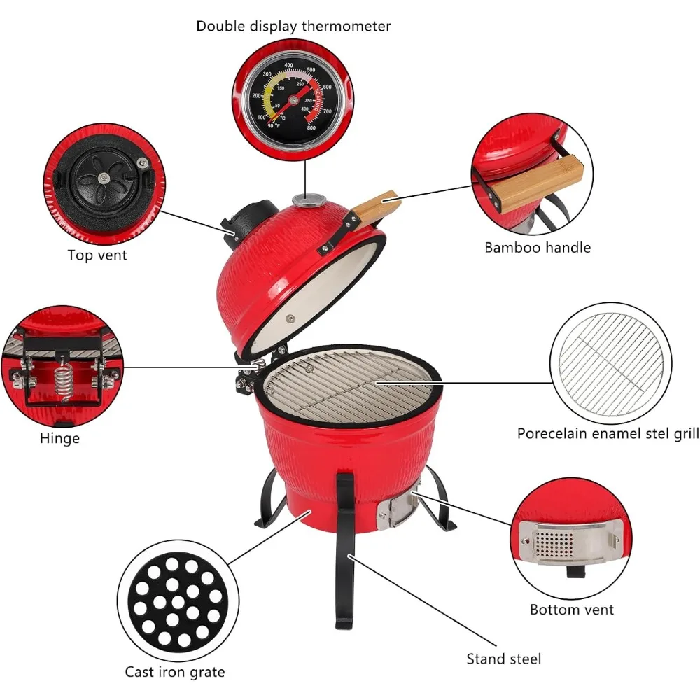 Ceramic Grill, 13" Round Kamado Charcoal Grill, Portable Barbecue Grill with Thermometer
Ceramic Grill, 13" Round Kamado Charcoal Grill, Portable Barbecue Grill with Thermometer