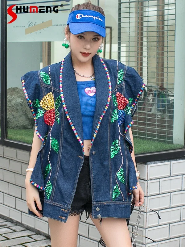 European Handmade Beaded Sequins Colorful Crystals Ruffled Denim Vest Women's 2022 Spring Fall Fashion Elegant Loose Jeans Tank
European Handmade Beaded Sequins Colorful Crystals Ruffled Denim Vest Women's 2022 Spring Fall Fashion Elegant Loose Jeans Tank