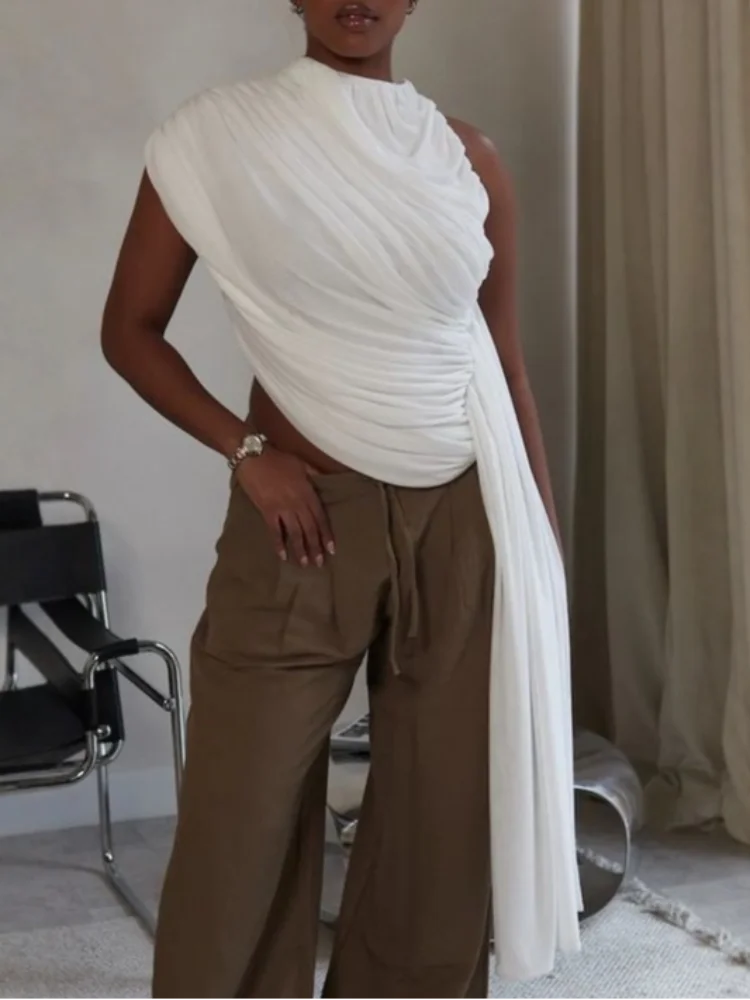 Women White Wrinkle Sleeveless Solid Short Top Slanted Collar Ruffles Layer With Ribbon Blouse 2026 Lady Fashion Wear
Women White Wrinkle Sleeveless Solid Short Top Slanted Collar Ruffles Layer With Ribbon Blouse 2026 Lady Fashion Wear