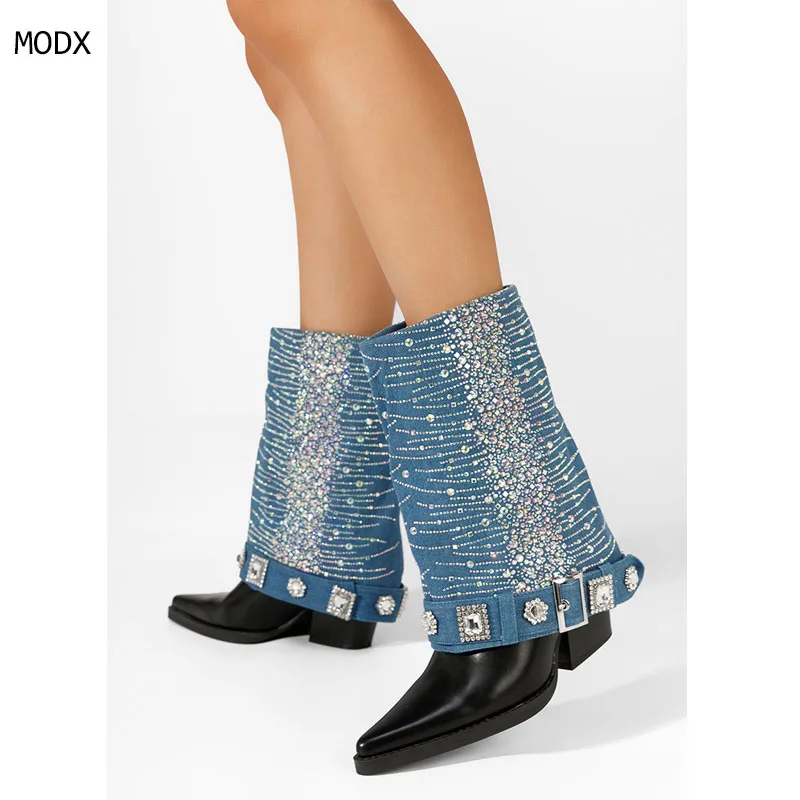 Роскошные женские синие джинсы 2024, джинсовые разноцветные ботинки до середины икры со стразами и острым носком на массивном каблуке, 44
Роскошные женские синие джинсы 2024, джинсовые разноцветные ботинки до середины икры со стразами и острым носком на массивном каблуке, 44