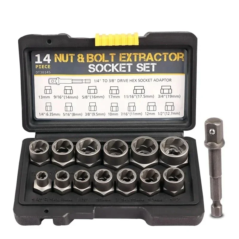 14 Pieces Impact Bolt & Nut Remover Set Cr-Mo Steel Bolt Extractor Tool Set with Solid Storage Case for Industrial Drop
14 Pieces Impact Bolt & Nut Remover Set Cr-Mo Steel Bolt Extractor Tool Set with Solid Storage Case for Industrial Drop