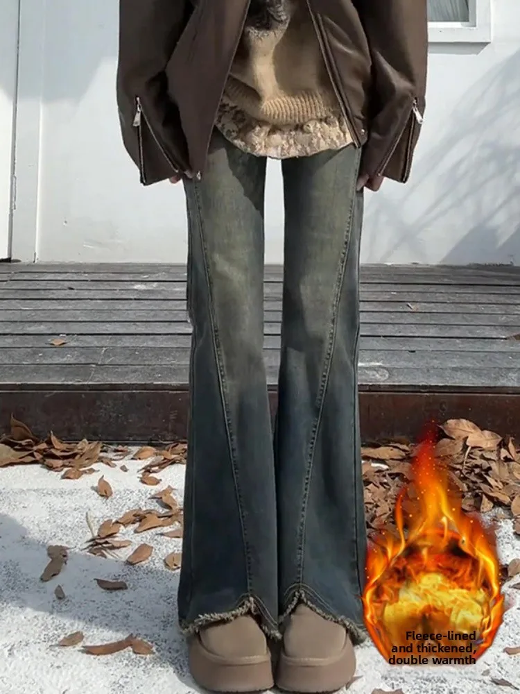 Ретро-синие джинсы с микро-клешем и флисовой подкладкой, женские, с высокой талией, облегающие, скрывающие бедра, эластичные, расклешенные, для повседневной носки
Ретро-синие джинсы с микро-клешем и флисовой подкладкой, женские, с высокой талией, облегающие, скрывающие бедра, эластичные, расклешенные, для повседневной носки