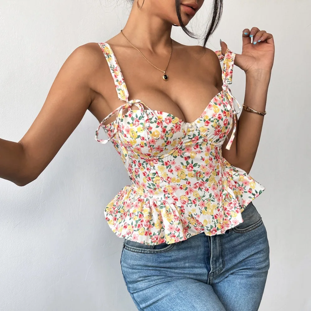 Multi Colors Floral Printing Corset Tops for Ladies Spring and Summer Lace-up Adjustable Fish Bone Bra Waist Ruffle Edge Vests
Multi Colors Floral Printing Corset Tops for Ladies Spring and Summer Lace-up Adjustable Fish Bone Bra Waist Ruffle Edge Vests