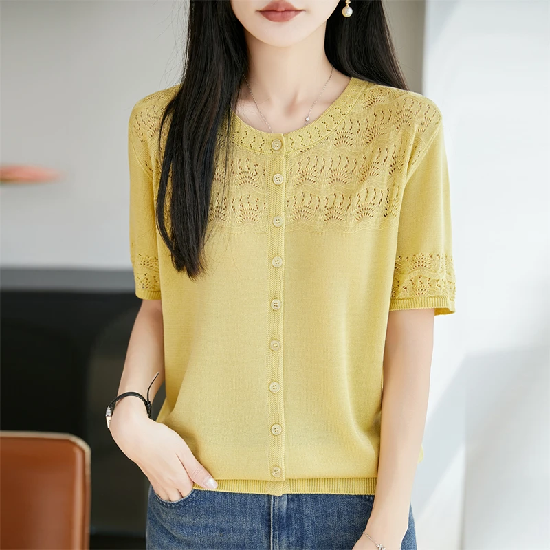 2026 Summer New Round Neck Knitted T-shirt Short Sleeve Hollow Soft Commuting Style Women's Top cardigan T-shirt
2026 Summer New Round Neck Knitted T-shirt Short Sleeve Hollow Soft Commuting Style Women's Top cardigan T-shirt