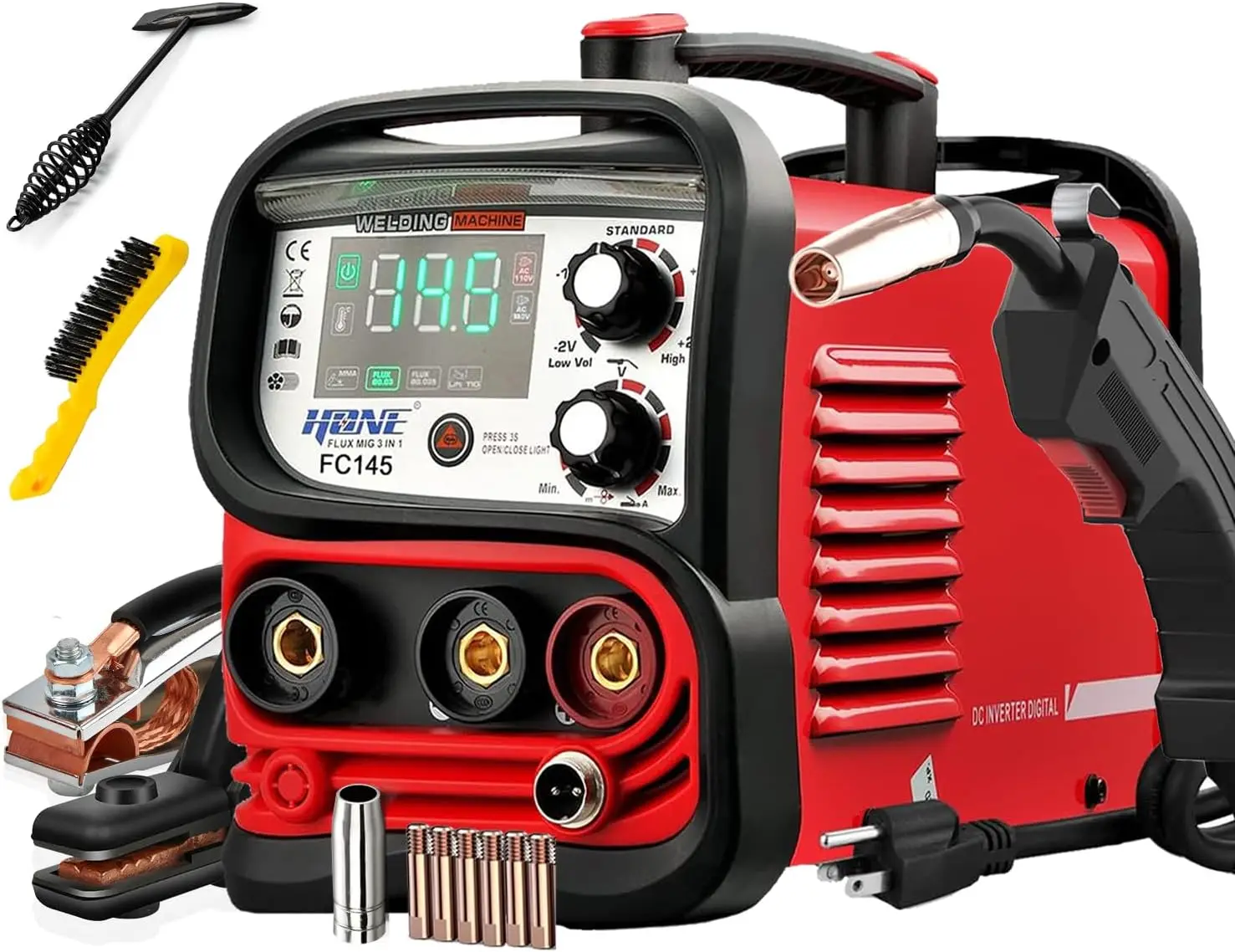 HONE FC145 1kg 110V/220V Gasless MIG Welding Machine MIG/Stick/Lift-Tig 3-in-1 with Large LCD Flux-Cored Wire MIG Welder 110 220
HONE FC145 1kg 110V/220V Gasless MIG Welding Machine MIG/Stick/Lift-Tig 3-in-1 with Large LCD Flux-Cored Wire MIG Welder 110 220