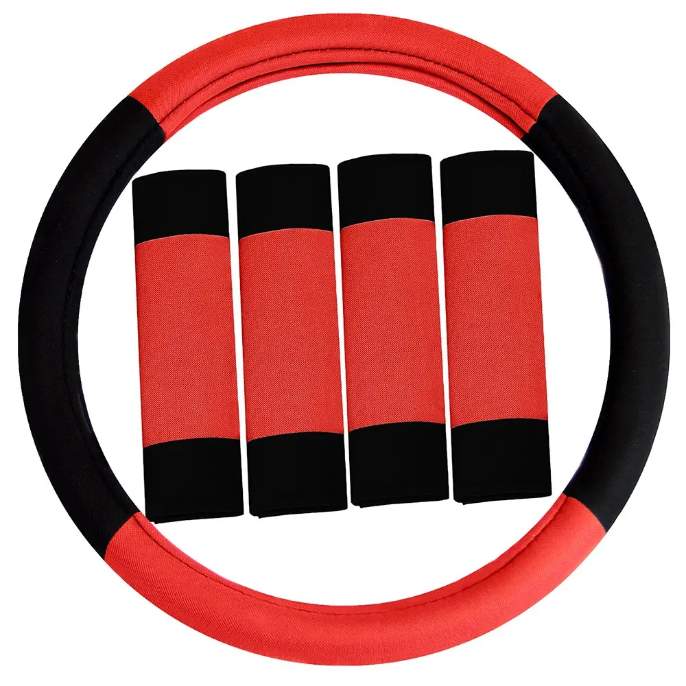 Red And Black Universal Steering Wheel Cover With Four Matching Seat Belt Pads
Red And Black Universal Steering Wheel Cover With Four Matching Seat Belt Pads