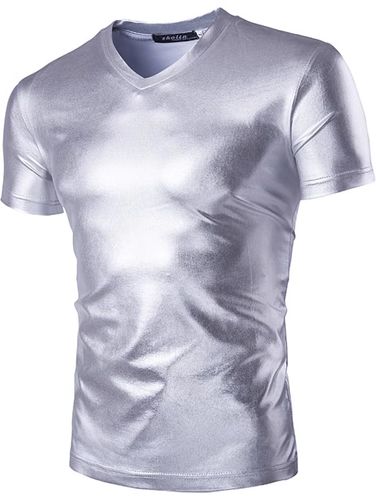 Men's Silver Shiny Glossy T-shirt Fashionable Streetwear Nightclub Costumes Short Sleeve V-neck Casual Style Breathable Cotto...
Men's Silver Shiny Glossy T-shirt Fashionable Streetwear Nightclub Costumes Short Sleeve V-neck Casual Style Breathable Cotto...