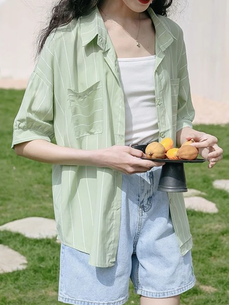 Zoki Sweet Preppy Style Japan Striped Shirt Women Casual Pockets Short Sleeve Loose Blouse Summer Fashion All Match Chic Tops
Zoki Sweet Preppy Style Japan Striped Shirt Women Casual Pockets Short Sleeve Loose Blouse Summer Fashion All Match Chic Tops