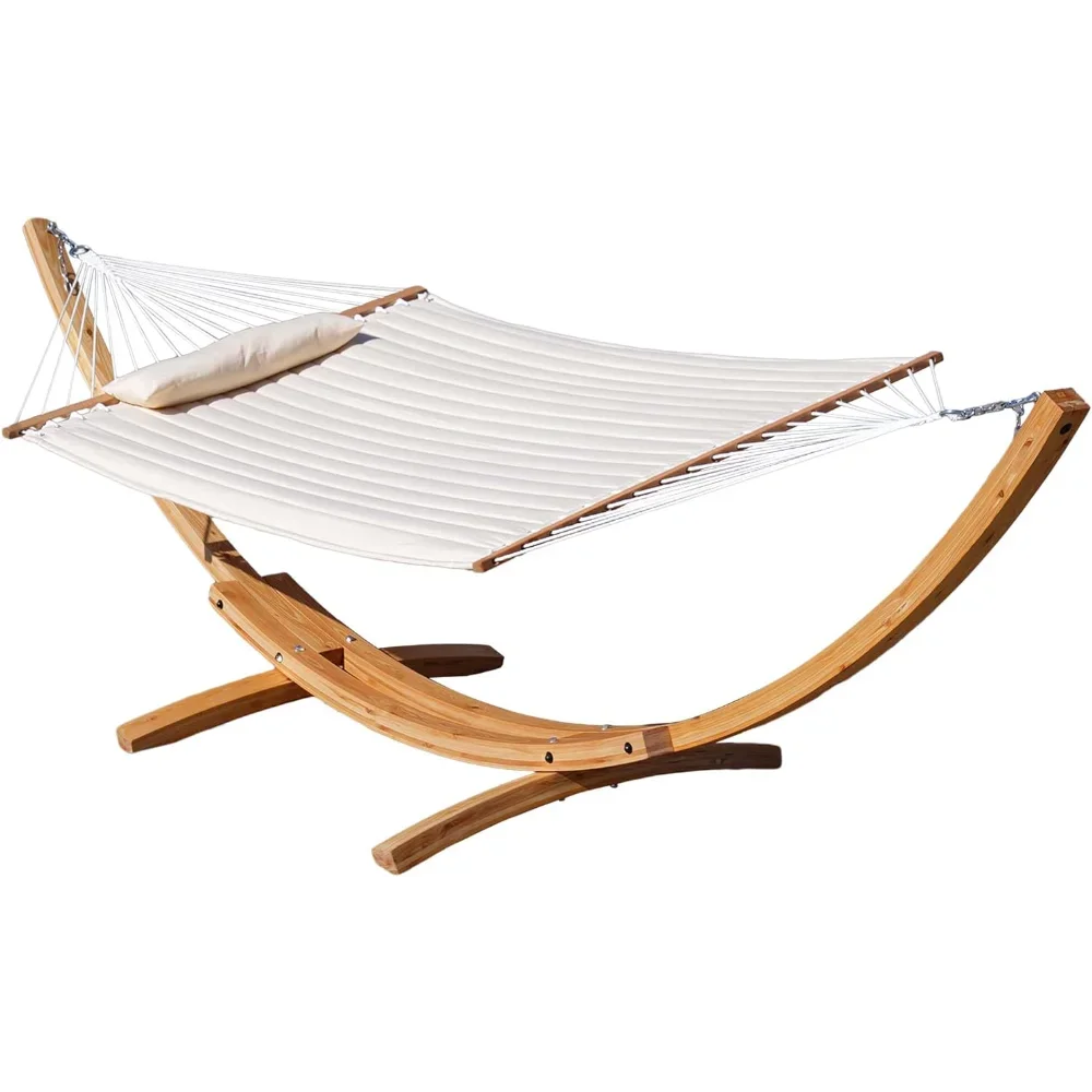 12 FT Double Quilted Fabric Hammock and 13 FT Wooden Arc Stand,with Spreader Bar,Removable Pillow,2 Person Hammock
12 FT Double Quilted Fabric Hammock and 13 FT Wooden Arc Stand,with Spreader Bar,Removable Pillow,2 Person Hammock