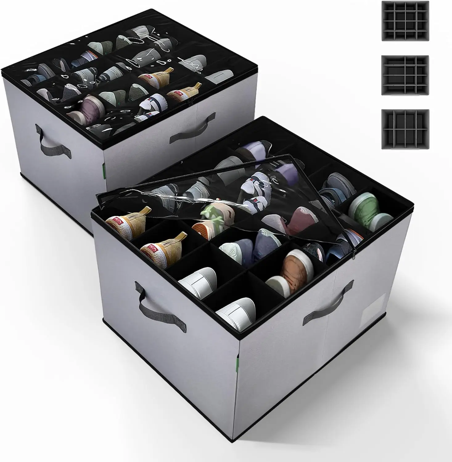2 Pack Foldable Fabric Shoe Storage Box with Adjustable Dividers, Clear Dustproof Cover, Holds up to 32 Pairs
2 Pack Foldable Fabric Shoe Storage Box with Adjustable Dividers, Clear Dustproof Cover, Holds up to 32 Pairs
