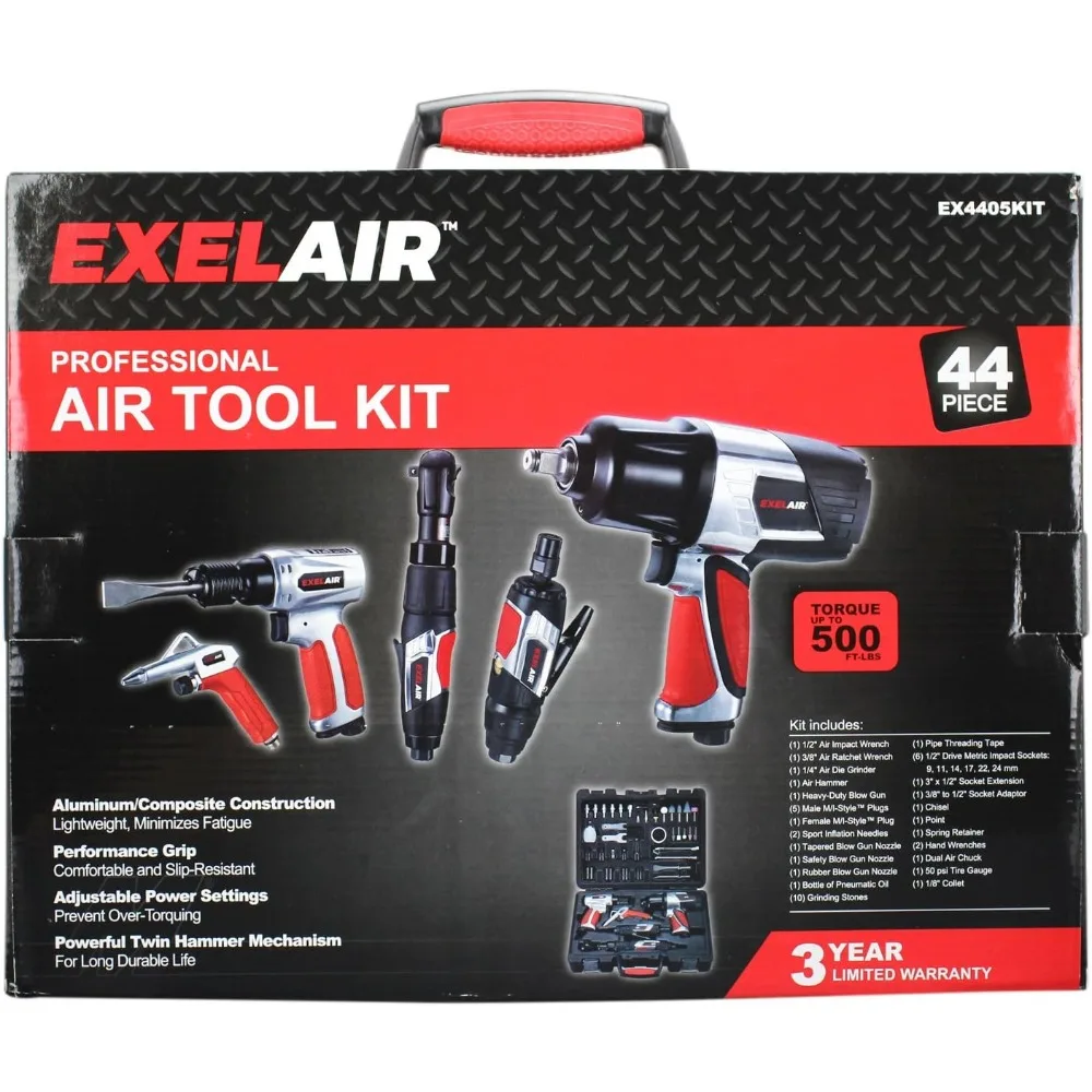 EXELAIR™ by EX4405KIT (44-Piece Professional Air Tool Accessory Kit) - Impact Wrench, Air Ratchet, Die Grinder, Blow Gun, Air H
EXELAIR™ by EX4405KIT (44-Piece Professional Air Tool Accessory Kit) - Impact Wrench, Air Ratchet, Die Grinder, Blow Gun, Air H