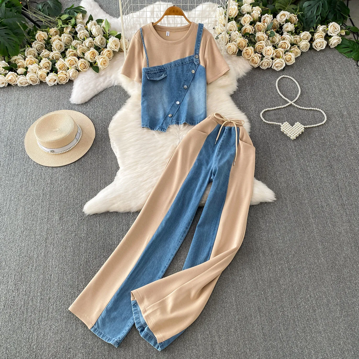 Patchwork Denim Two Piece Set Woman 2026 Fake Two-in-One Spliced Suspender T Shirt Wide Leg Pant Women's 2piece Jeans Set Outfit
Patchwork Denim Two Piece Set Woman 2026 Fake Two-in-One Spliced Suspender T Shirt Wide Leg Pant Women's 2piece Jeans Set Outfit