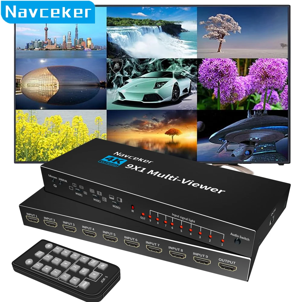 Navceker HDMI-compatible Multiviewer 4K 9 In 1 Out 1080P Quad Screen Multi Viewer HDMI Multi-Viewer Seamless Switch with IR
Navceker HDMI-compatible Multiviewer 4K 9 In 1 Out 1080P Quad Screen Multi Viewer HDMI Multi-Viewer Seamless Switch with IR
