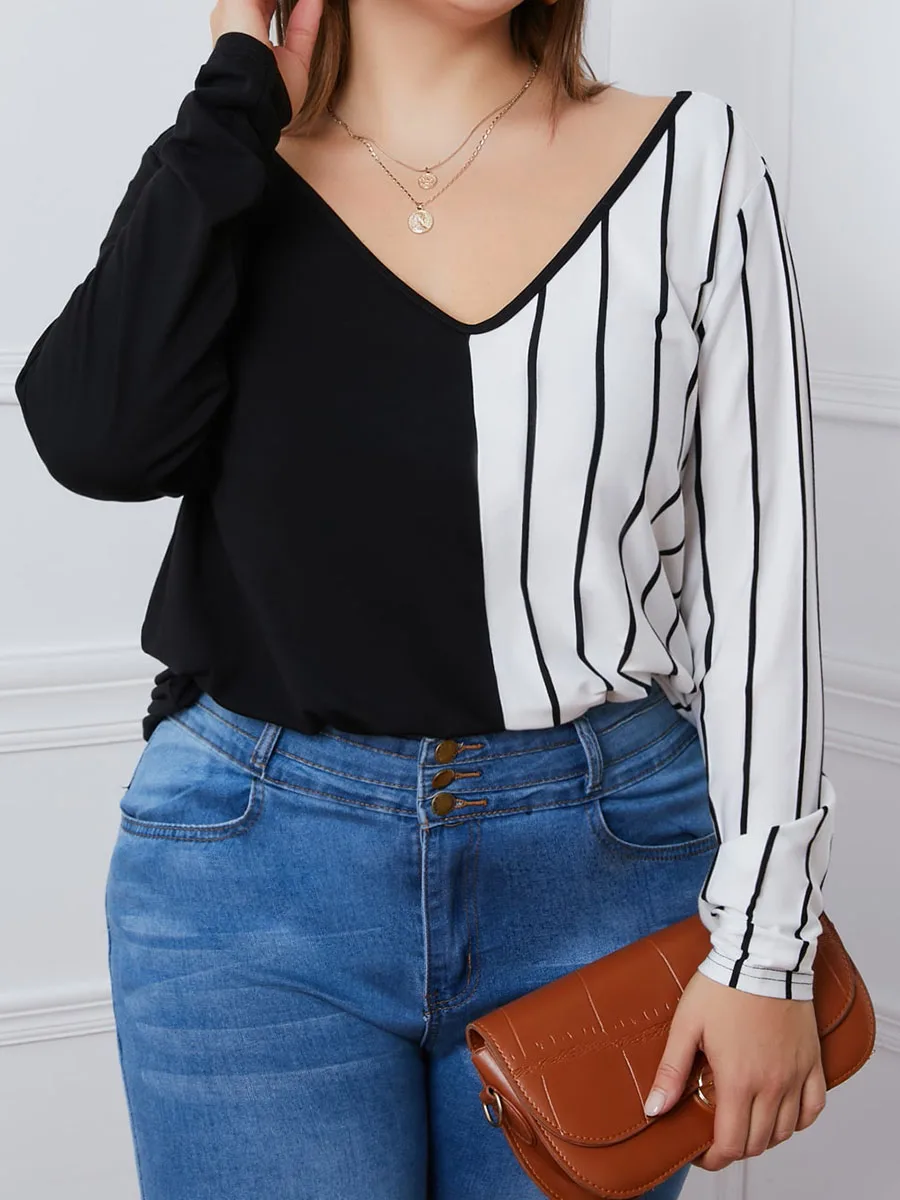 Autumn Long-sleeved Plus Size Knitted Shirt Loose V-neck Solid Color Stripe Contrast Color Stitching Casual T-shirt Women
Autumn Long-sleeved Plus Size Knitted Shirt Loose V-neck Solid Color Stripe Contrast Color Stitching Casual T-shirt Women