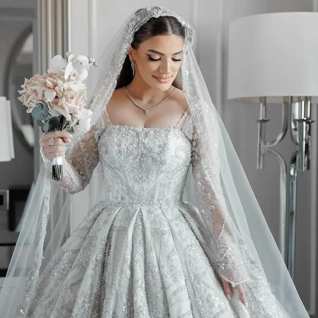 Exquisite Ball Gown Wedding Dresses Square Collar Long Sleeve Sequins Lace Bridal Gown Sweep Train Vestido De Noiva Customized
Exquisite Ball Gown Wedding Dresses Square Collar Long Sleeve Sequins Lace Bridal Gown Sweep Train Vestido De Noiva Customized