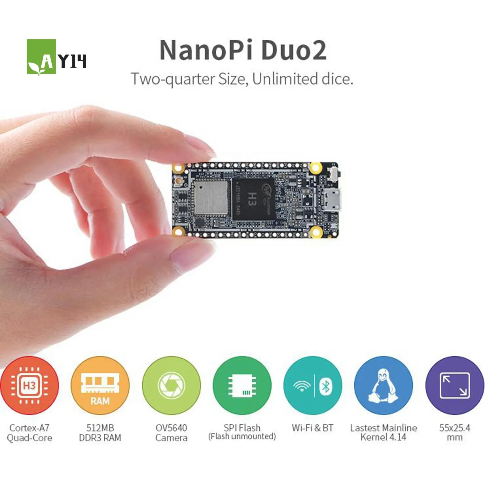 AY14 -Nanopi DUO2 Developed Board 512M DDR3 Allwinner H3 Cortex-A7 Wifi Bluetooth Module Ubuntucore Iot Applications
AY14 -Nanopi DUO2 Developed Board 512M DDR3 Allwinner H3 Cortex-A7 Wifi Bluetooth Module Ubuntucore Iot Applications