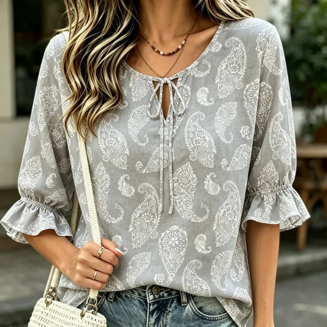 Paisley Print Tie Front Blouse Ruffle Cuff Half Sleeve Casual Loose Fit Summer Blouse for Women
Paisley Print Tie Front Blouse Ruffle Cuff Half Sleeve Casual Loose Fit Summer Blouse for Women