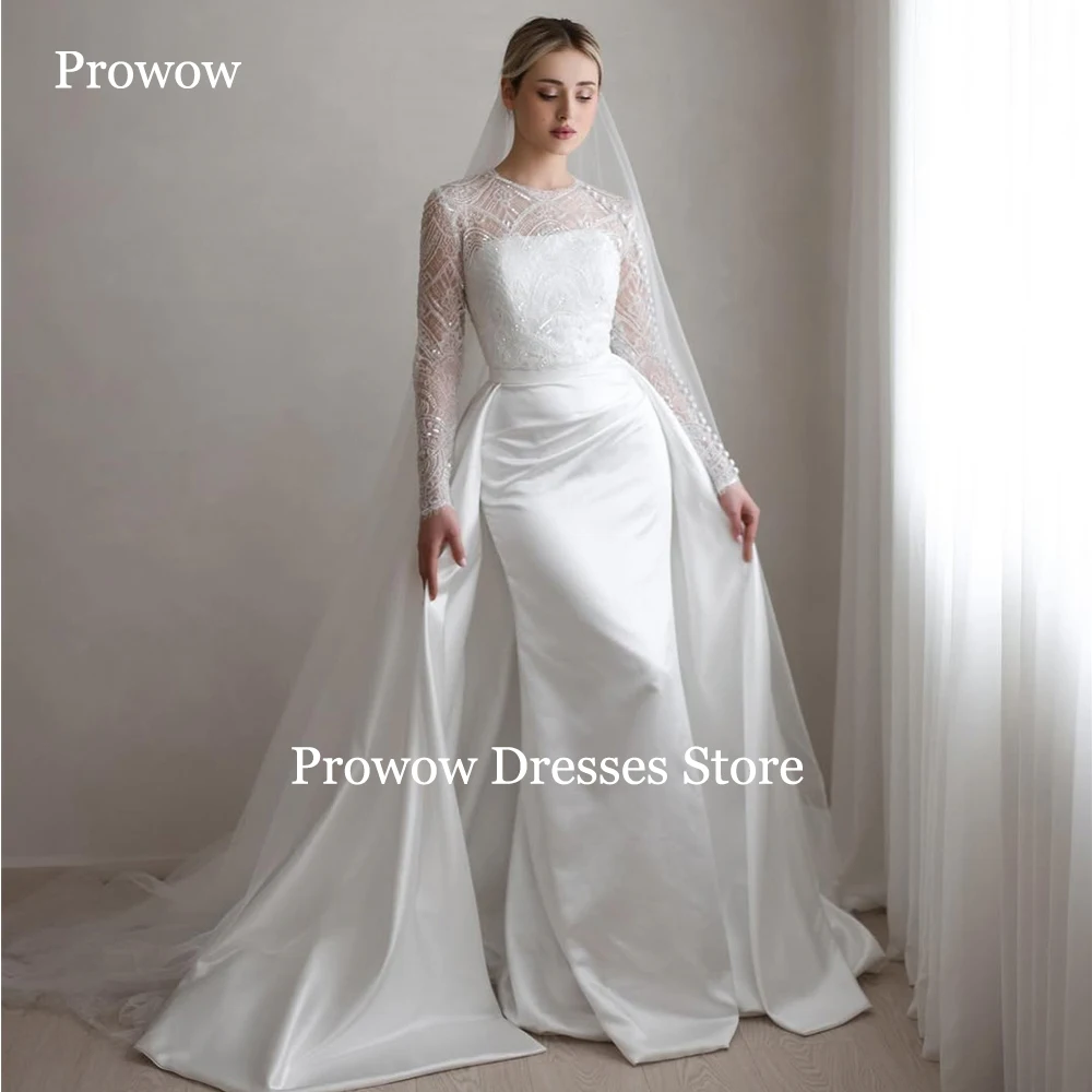 Prowow Luxury Beading Wedding Dresses O Neck Floor Length Satin Bridal Gowns Full Sleeves Zipper Buttons Customized
Prowow Luxury Beading Wedding Dresses O Neck Floor Length Satin Bridal Gowns Full Sleeves Zipper Buttons Customized