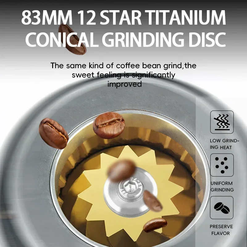 LRlufeibao JT83 Plus Electric Coffee Grinder, 83mm Titanium Burr, Universal Bean Mill with Blow Hopper, 110-220V
LRlufeibao JT83 Plus Electric Coffee Grinder, 83mm Titanium Burr, Universal Bean Mill with Blow Hopper, 110-220V