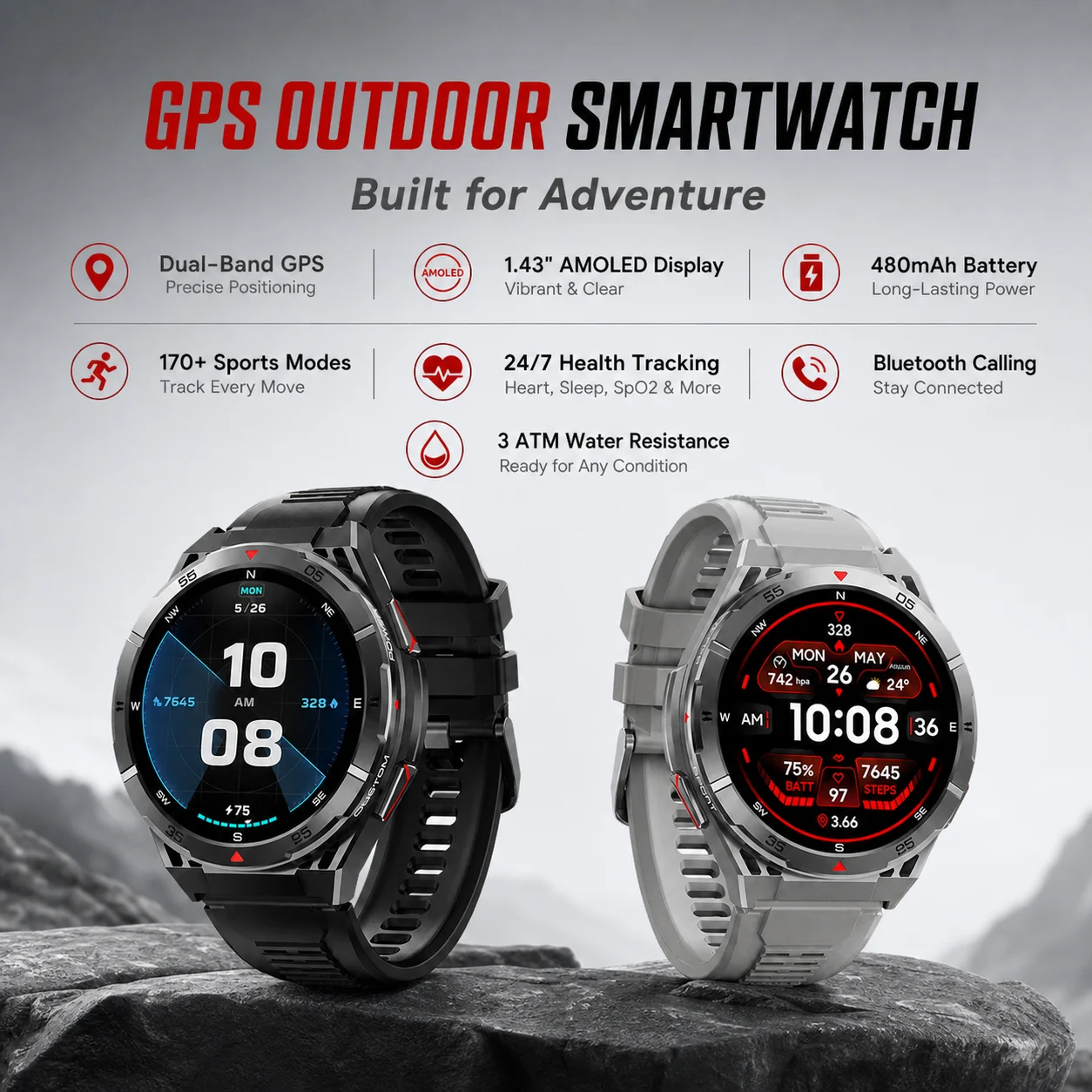 GPS Outdoor Smart Watch for Men, Dual-Band GPS Sports Watch with 1.43" AMOLED Display, Bluetooth Calling, 170+ Sports Modes,3ATM
GPS Outdoor Smart Watch for Men, Dual-Band GPS Sports Watch with 1.43" AMOLED Display, Bluetooth Calling, 170+ Sports Modes,3ATM