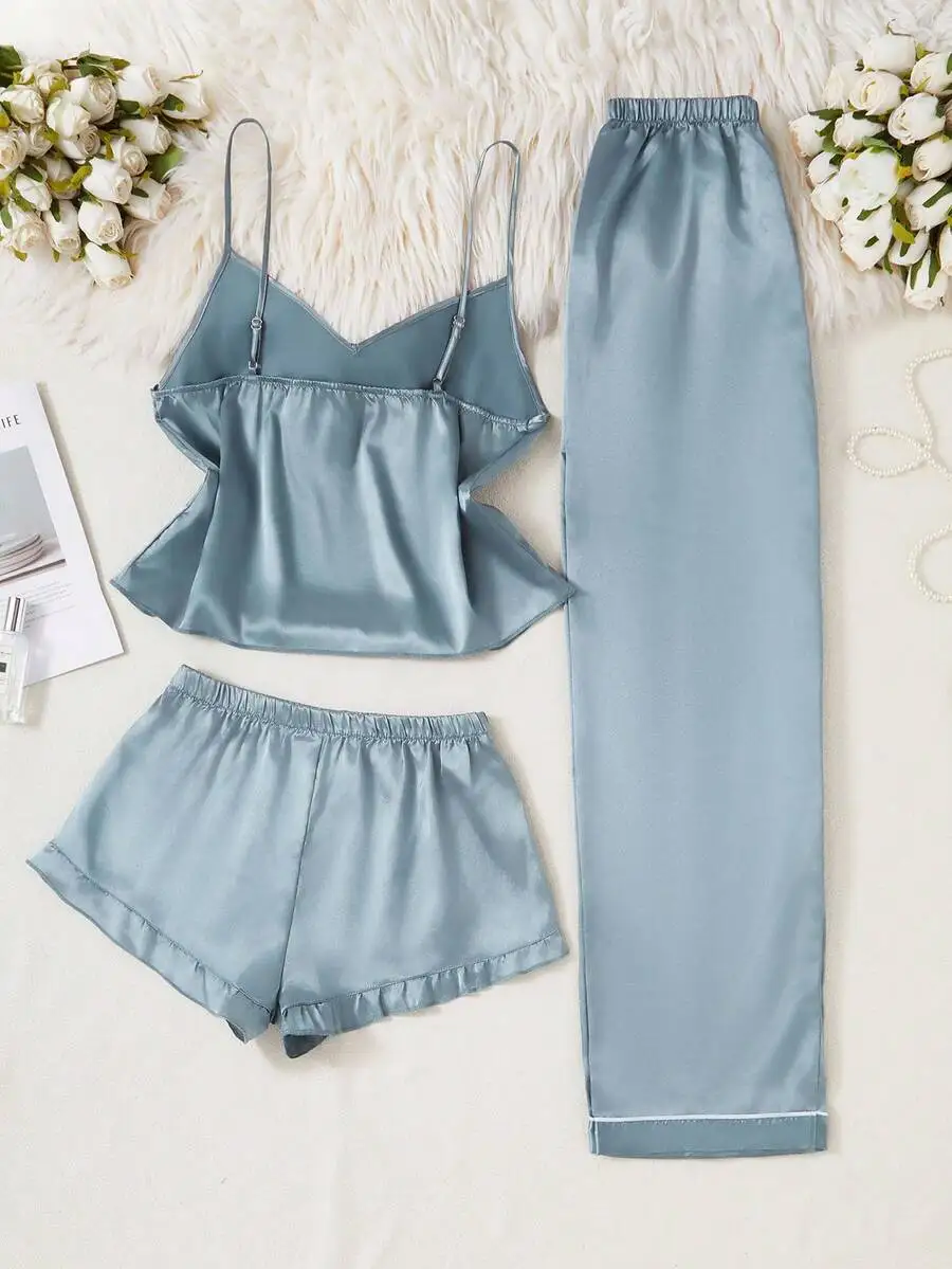 3pcs Satin Solid Color Camisole Shorts Pants Pajama Set For Women Sleepwear Lingerie
3pcs Satin Solid Color Camisole Shorts Pants Pajama Set For Women Sleepwear Lingerie