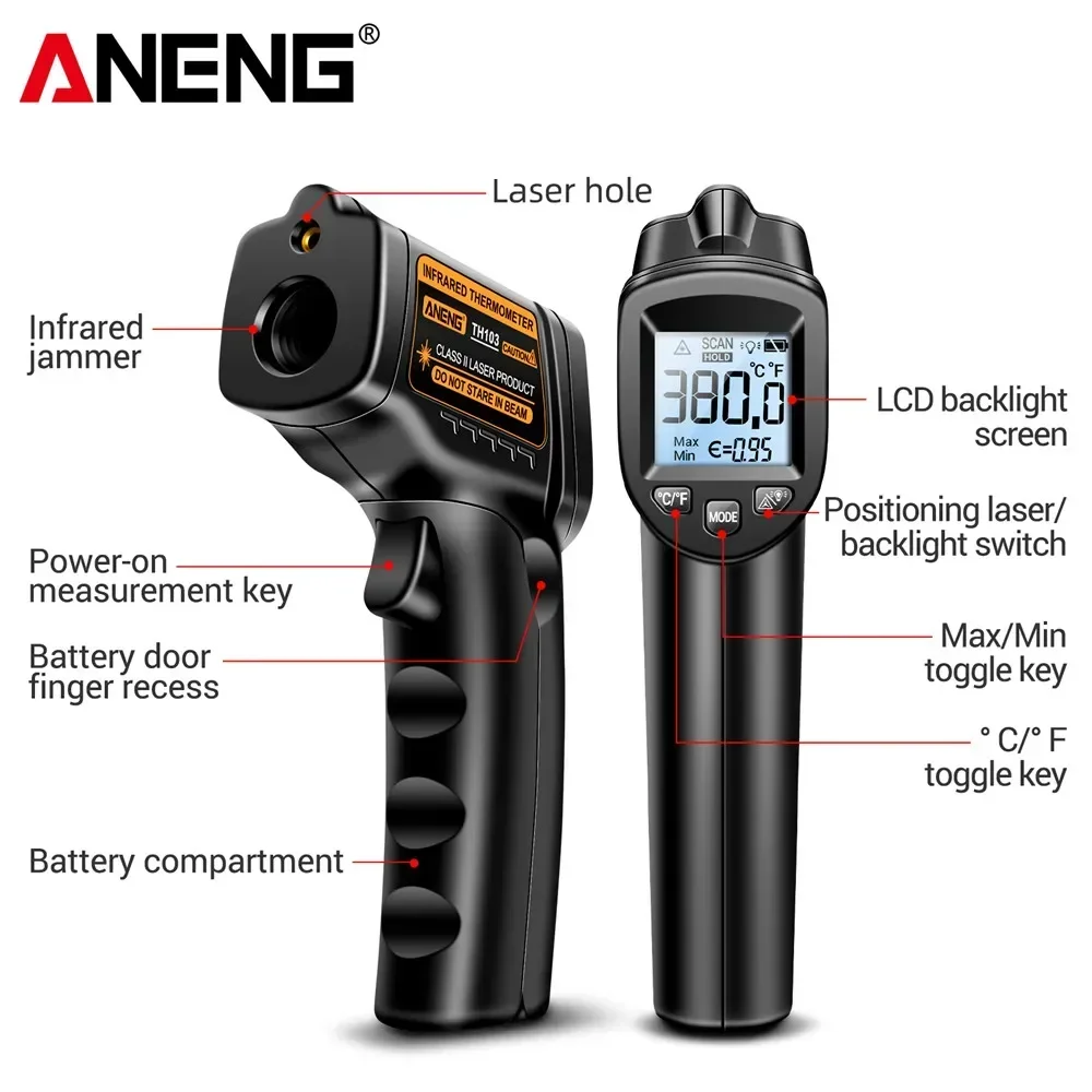ANENG TH103 Infrared Thermometer Non-contact Industrial Laser Temperature Gun Digital Screen Test Detector Meter
ANENG TH103 Infrared Thermometer Non-contact Industrial Laser Temperature Gun Digital Screen Test Detector Meter