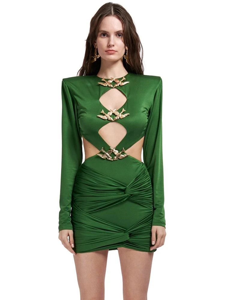 Sexy O Neck Hollow Out Metal Decorative Mini Dress Women Green Long Sleeve Backless Bodycon Mini Dress Evening Party Club Dress
Sexy O Neck Hollow Out Metal Decorative Mini Dress Women Green Long Sleeve Backless Bodycon Mini Dress Evening Party Club Dress
