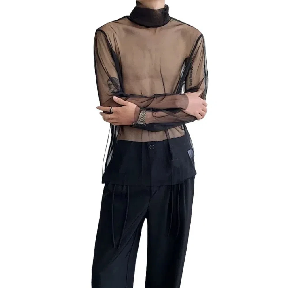 Creative See-through Transparent T-shirt Streetwear High Collar Long Sleeve T-shirt Undershirt Solid Color Mesh Top Men Party 
Creative See-through Transparent T-shirt Streetwear High Collar Long Sleeve T-shirt Undershirt Solid Color Mesh Top Men Party