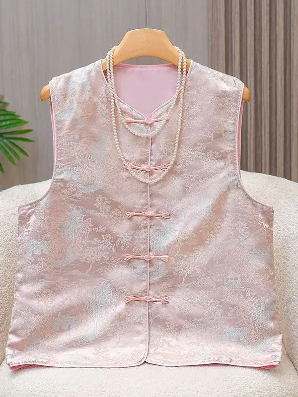 Silk Satin Chinese Style Women's Jacket Retro Print Stand Collar Fashionable Buttoned Shoulder Pad Vest Trendy Top
Silk Satin Chinese Style Women's Jacket Retro Print Stand Collar Fashionable Buttoned Shoulder Pad Vest Trendy Top