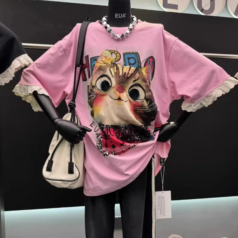European Style Spring Summer 2025 New Heavy Industry Sequins Cartoon Cat Short-sleeved T-shirt Women's Loose Casual Top T Shirts
European Style Spring Summer 2025 New Heavy Industry Sequins Cartoon Cat Short-sleeved T-shirt Women's Loose Casual Top T Shirts