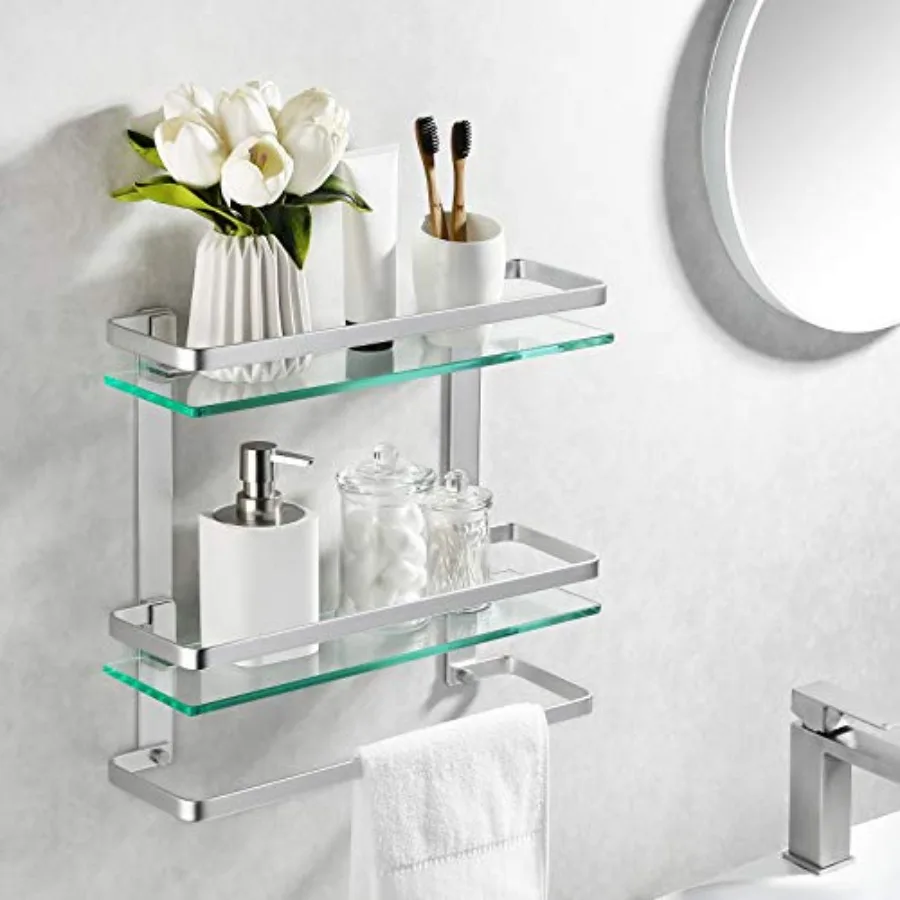 Bathroom Tempered Glass Shelf 2 Tier Storage Glass Shelf Rectangular with Bar Wall Mounted Sand Sprayed Anodized Aluminum Finis
Bathroom Tempered Glass Shelf 2 Tier Storage Glass Shelf Rectangular with Bar Wall Mounted Sand Sprayed Anodized Aluminum Finis