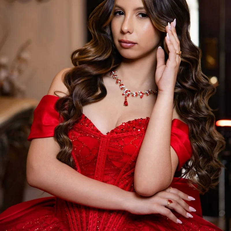 Shiny Red Quinceanera Dress off-shoulder Glitter Crystal Decal Long tail Bow vestidos de 15 Quinceanera Customize
Shiny Red Quinceanera Dress off-shoulder Glitter Crystal Decal Long tail Bow vestidos de 15 Quinceanera Customize