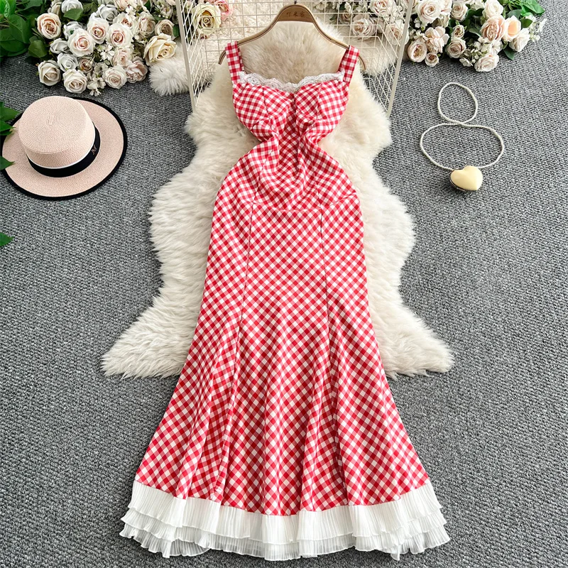 French Red Checkered Lace Square Chest Pad Dress for Women Summer Slim Down Ruffled Edge Long Dress Vintage Holiday Vestidos
French Red Checkered Lace Square Chest Pad Dress for Women Summer Slim Down Ruffled Edge Long Dress Vintage Holiday Vestidos
