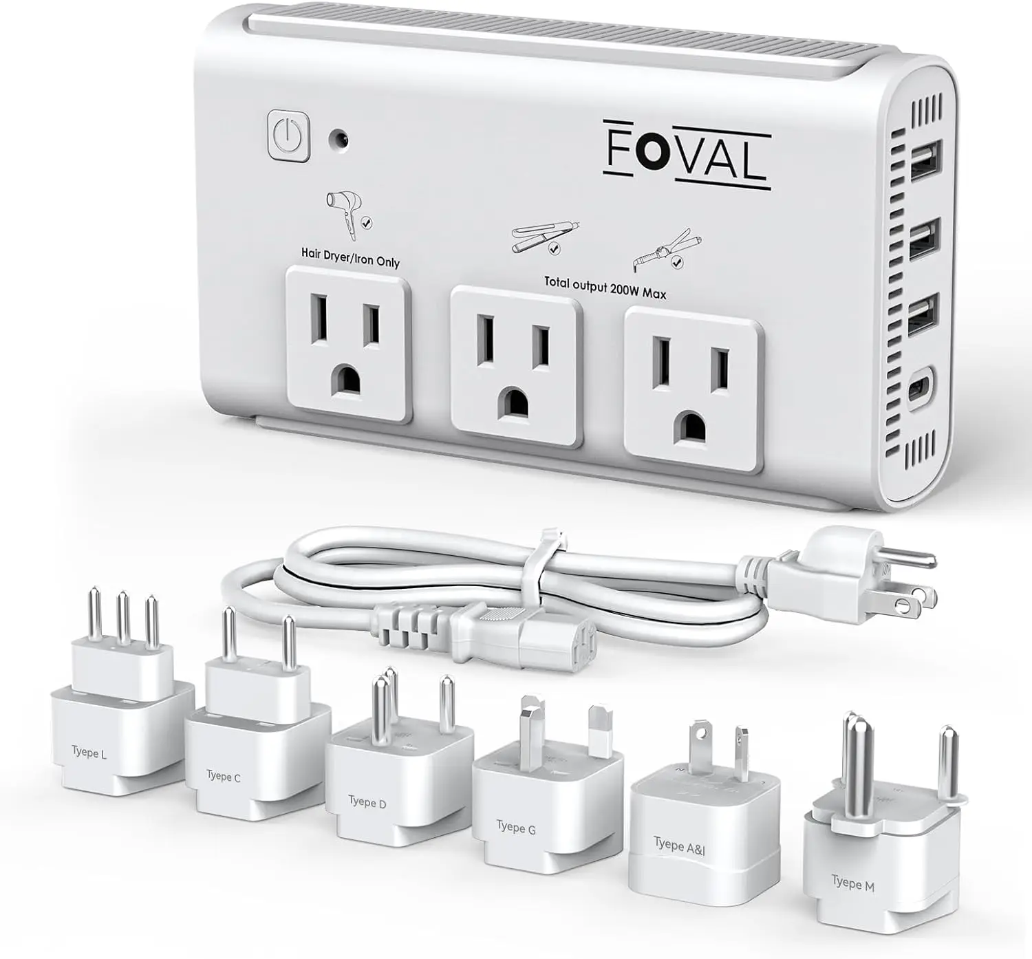 220V to 110V Travel Voltage Converter, 2000W, 4-Port USB (USB-C), for Hair Dryer, Straightener, EU/UK/AU/US/India
220V to 110V Travel Voltage Converter, 2000W, 4-Port USB (USB-C), for Hair Dryer, Straightener, EU/UK/AU/US/India