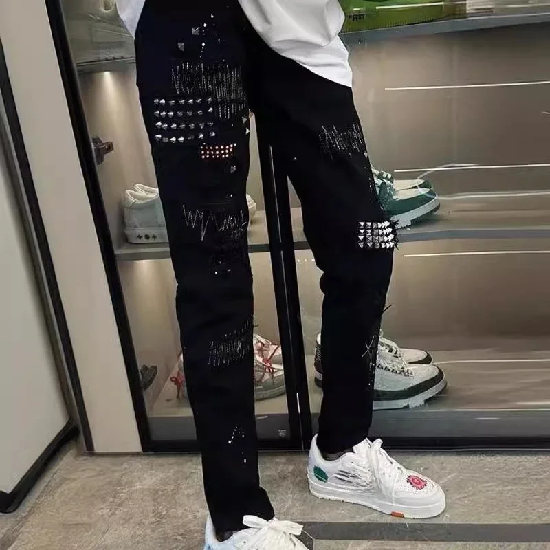 Four Seasons Men's American High Street Hole Patched Elastic Jeans Pants Black Solid Color Denim Trousers Male Streetwear Jeans
Four Seasons Men's American High Street Hole Patched Elastic Jeans Pants Black Solid Color Denim Trousers Male Streetwear Jeans