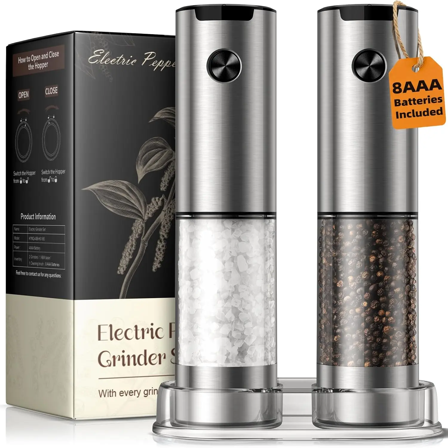 Electric Salt and Pepper Grinder Set, Auto Shaker with Adjustable Coarseness, Large Capacity, LED Light, Stainless Steel
Electric Salt and Pepper Grinder Set, Auto Shaker with Adjustable Coarseness, Large Capacity, LED Light, Stainless Steel