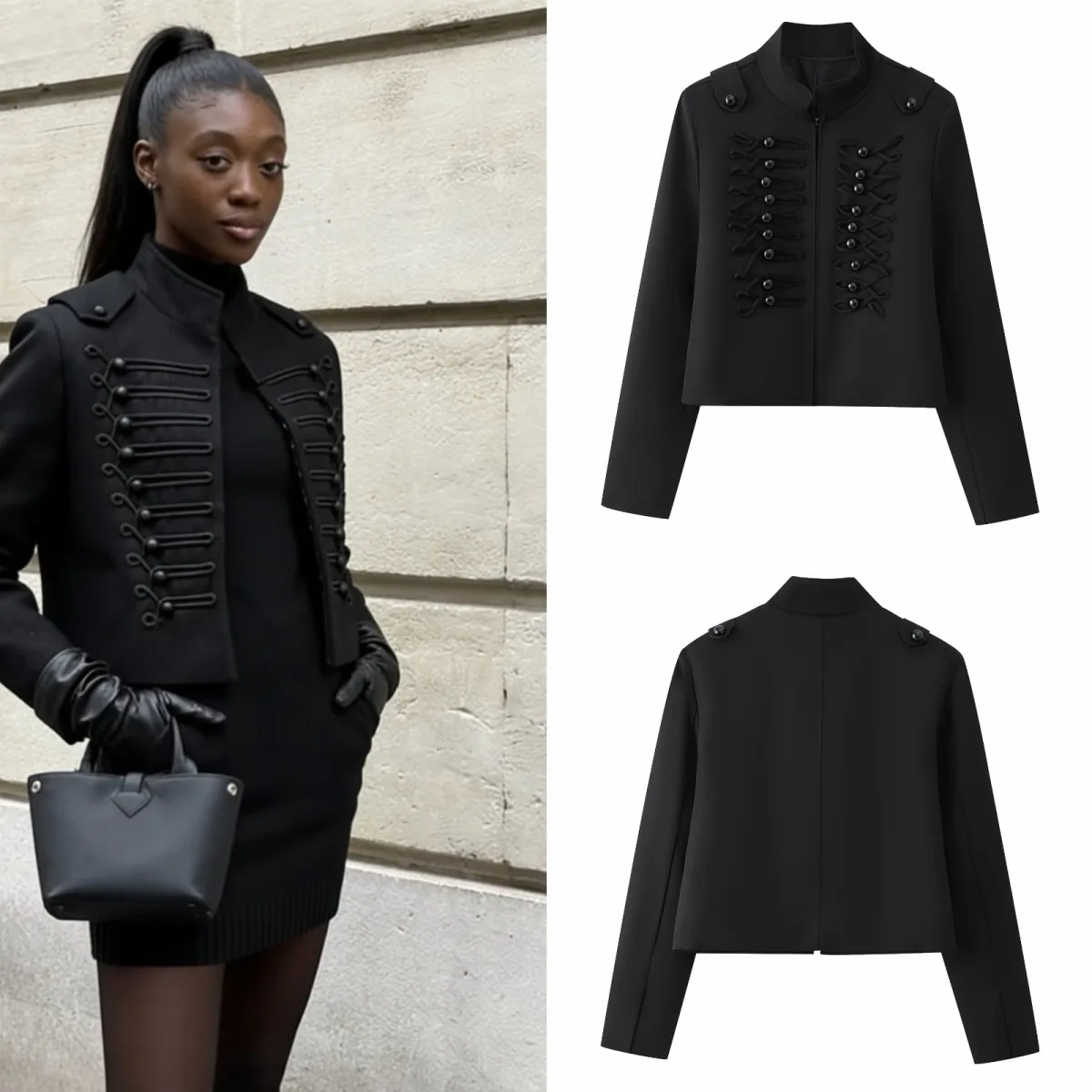 Black Stand Collar Cropped Jacket Front Decorative Lace Up Button Strap Shoulder Tab Epaulet Zip Up Slim Casual Outerwear 260701
Black Stand Collar Cropped Jacket Front Decorative Lace Up Button Strap Shoulder Tab Epaulet Zip Up Slim Casual Outerwear 260701