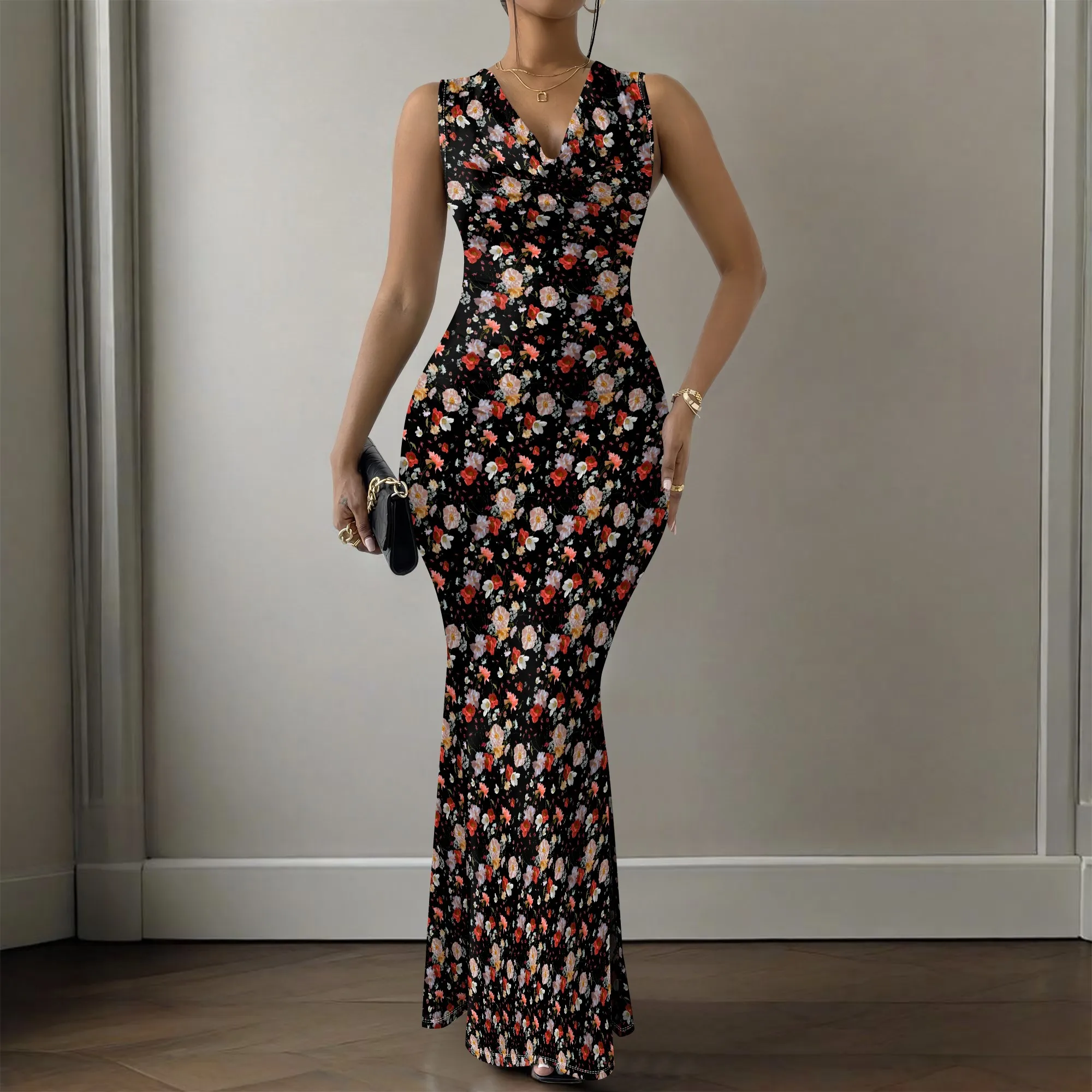 Elegant Floral Bodycon Maxi Dress for Women Black Sleeveless Slim Fit Holiday Evening Gown
Elegant Floral Bodycon Maxi Dress for Women Black Sleeveless Slim Fit Holiday Evening Gown